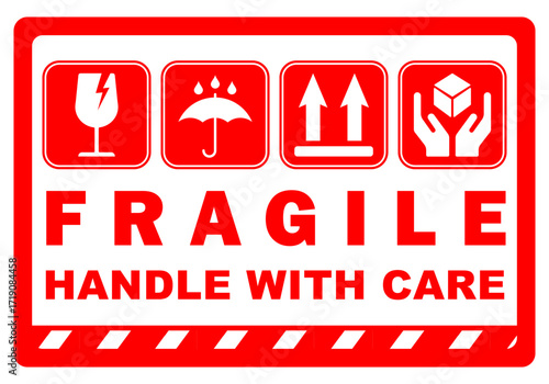 fragile handle with care sticker for delivery package red warning label side up symbol and broken glass