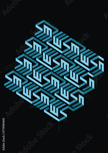A 3D business labyrinth with a solution path and a green arrow symbolizing the strategy for success