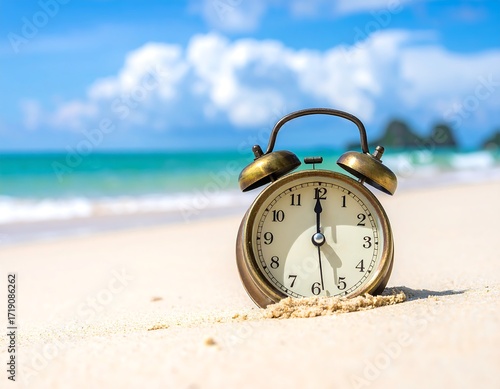 Vintage clock on sandy beach, sunny sky