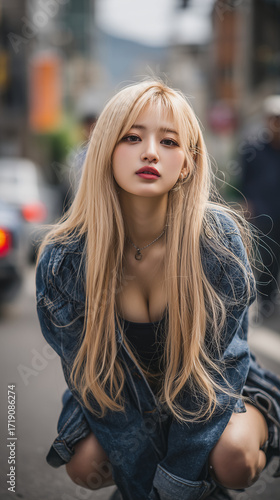 Young woman poses stylishly in a vibrant street scene in Seoul, showcasing Asian fashion and a confident presence in daylight