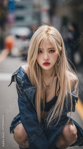 Young woman crouches casually on a city street showcasing her stylish outfit and long blonde hair in an urban setting