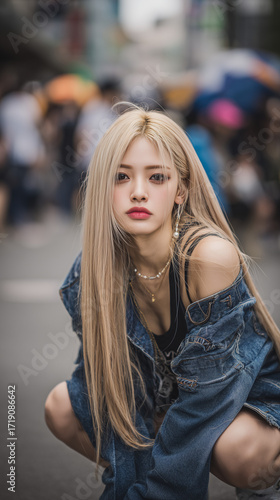 Stylish young woman posing in a busy street market in South Korea on a bright day