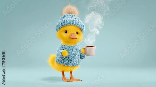 Duckling enjoys hot coffee with cozy winter attire