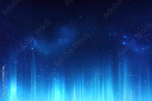 Cosmic blue light beams, star-strewn night