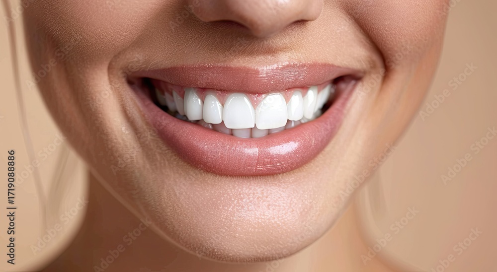 Obraz premium Close-up of a woman's bright, healthy smile against a neutral background. The image showcases flawless teeth and full, glossy lips