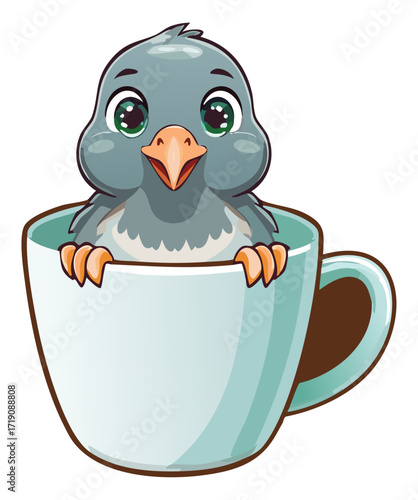 A sweet cartoon pigeon bird peeking from a teacup, a lovely and whimsical illustration for a morning tea or coffee design