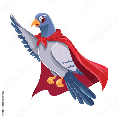 A mighty superhero pigeon cartoon bird with a red cape, flying with open wings to protect and save the day