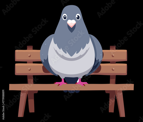 A calm pigeon bird perched on a wooden park bench, a simple and peaceful depiction of a bird in its natural environment