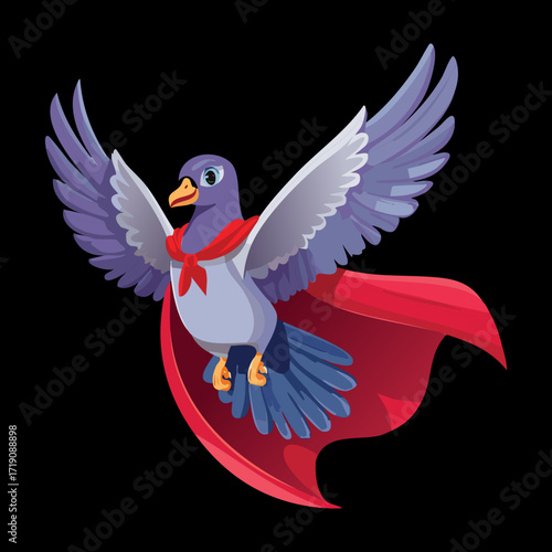 Mighty superhero pigeon cartoon bird with a red cape, flying high to save the day and represent bravery and heroism
