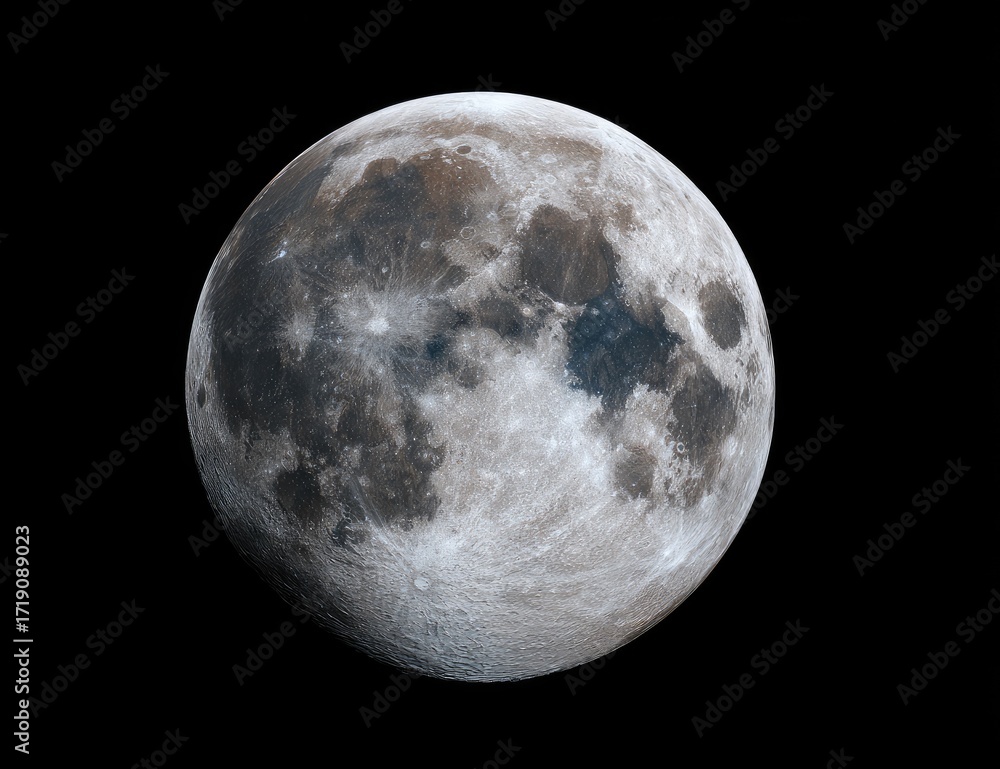 Fototapeta premium Full moon, detailed surface texture, shades of gray and brown