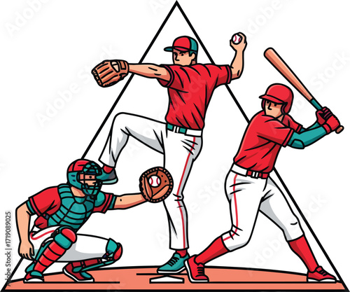 Baseball Team Mascot with Pitcher Batter and Catcher Illustration