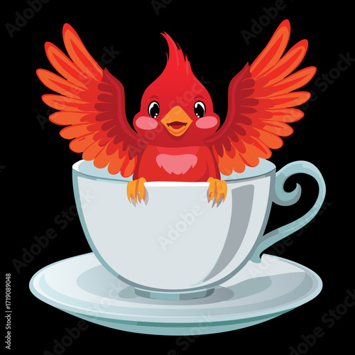 A cute cartoon red cardinal bird in a teacup, representing joy and a peaceful morning moment with tea or coffee
