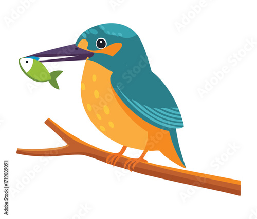 A cute cartoon kingfisher bird with a leaf on a branch, a charming and peaceful representation of a wild bird
