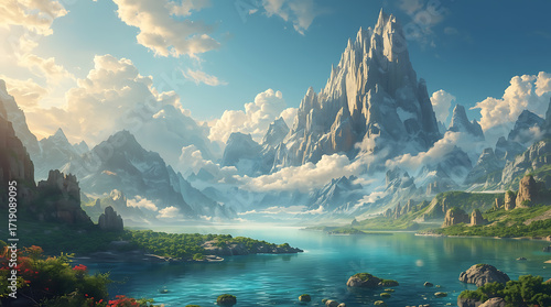 A surreal fantasy landscape featuring floating mountains above a crystal-clear lake, illuminated by golden sunlight. Highly detailed clouds and vibrant 8K resolution create a dreamlike,  