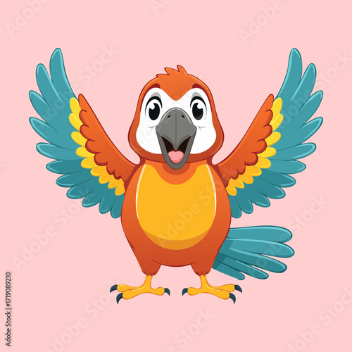 An adorable and joyful cartoon parrot with big expressive eyes and outstretched wings, radiating pure happiness
