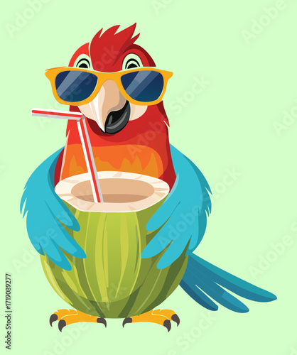 A vibrant cartoon macaw with cool sunglasses, enjoying a refreshing drink from a coconut on a tropical island