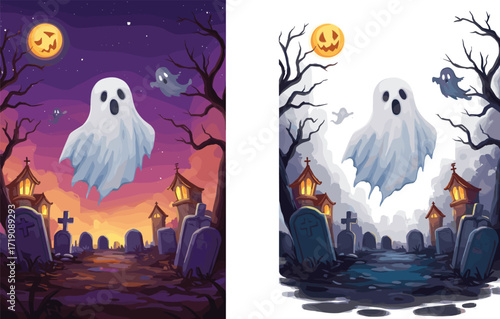 Spooky graveyard illustration, glowing pumpkin moon, scary ghosts, eerie tombstones, haunted trees, Halloween night, creepy atmosphere, horror festive design, gothic seasonal artwork