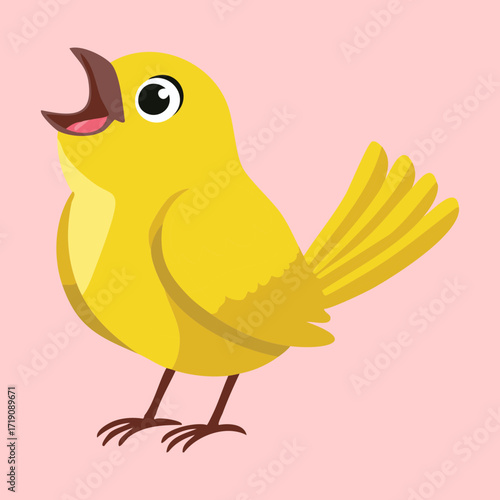 A little yellow bird character happily singing, its mouth open wide, creating a simple and cheerful illustration