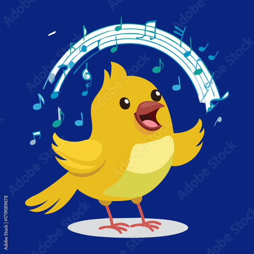 A cute yellow bird singing with musical notes floating around, a joyful and harmonious illustration