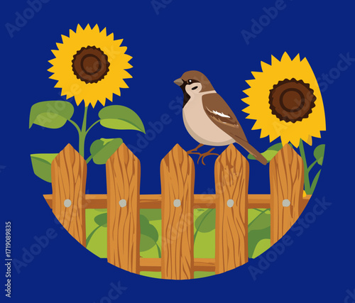  cute sparrows perched on a rustic wooden fence in a blooming field of vibrant sunflowers, a classic summer scene