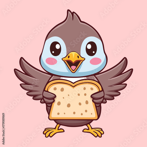 A cute baby sparrow holds a slice of toast, a charming and adorable cartoon illustration for a morning or breakfast theme