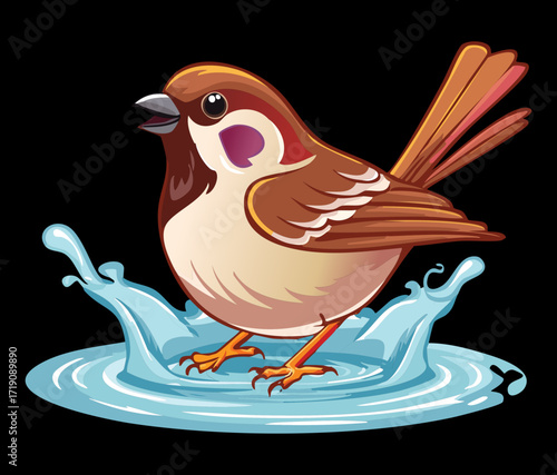 A dynamic illustration of a sparrow splashing in a puddle of water, captured in a joyful and playful moment