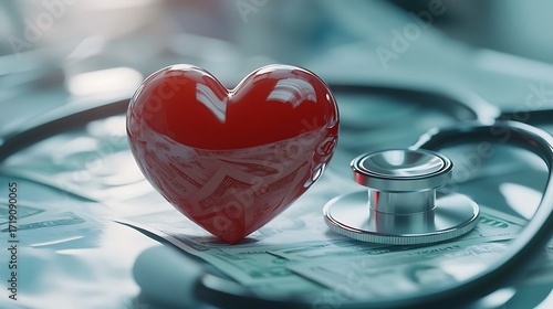 Red heart with stethoscope and money symbolizing healthcare costs