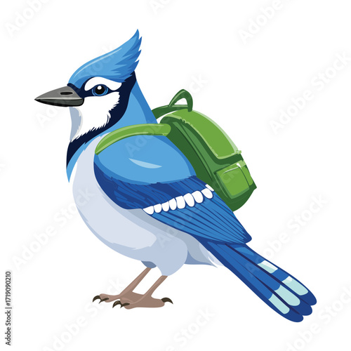Bold blue jay adventurer wearing a hiking backpack ready for a long journey through a lush, vibrant forest