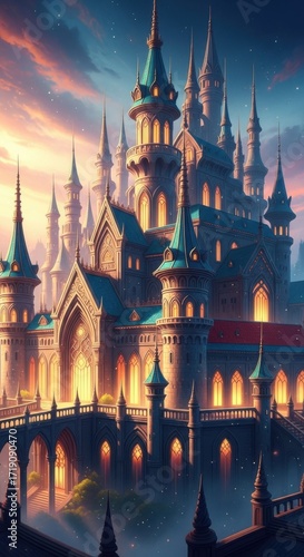 Majestic Fantasy Castle Bathed in Golden Sunset Light