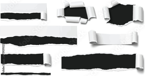 Collection of torn paper edges and holes on a white background editable vector file