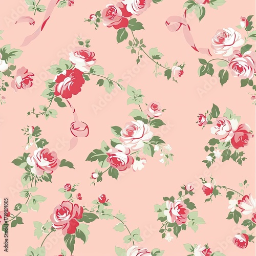 A pastel pink background showcases a repeating pattern of delicate pink and white roses, interspersed with light green leaves and flowing ribbons, creating a charming, vintage-inspired floral design