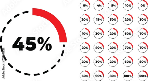 A collection of percentage circles with varying red segments editable vector file