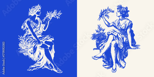 Line art style illustration of ancient muse with olive branch, classical mythology sketchy in neoclassical drawing style.