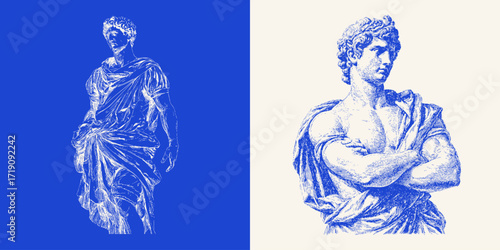 Classical engraving of male statue in toga, heroic ancient figure sketchy Greek or Roman sculpture art. Vector vintage line drawing.