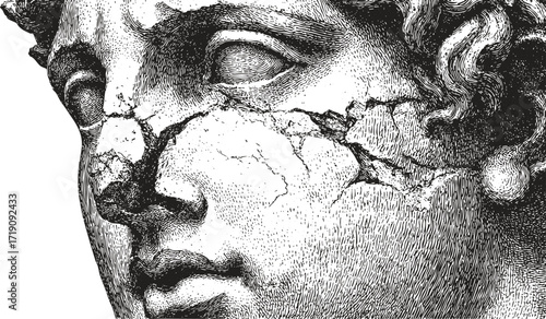 Vector cracked marble statue face. Crayon pencil antique broken sculpture sketch. Greek ruins in detailed line drawing style.