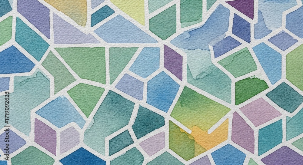 Fototapeta premium Watercolor abstract geometric pattern with colorful shapes and white lines.