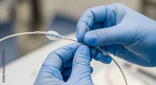 Hands of nurse adjusting angioplasty catheter in hospital