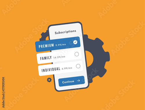 Subscription plan interface on mobile screen with pricing options for premium, family and individual accounts. Subscription management digital services and SaaS model, vector illustration