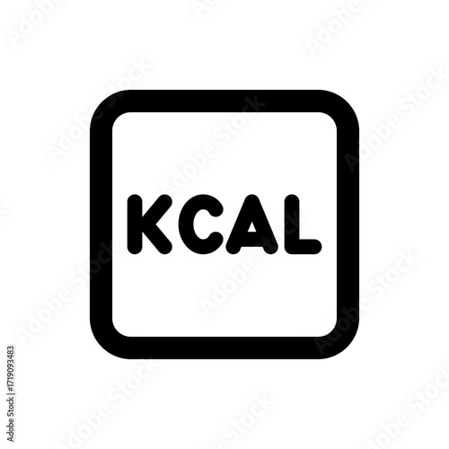Illustration of a black square with rounded corners containing the letters kcal in a bold sans serif font