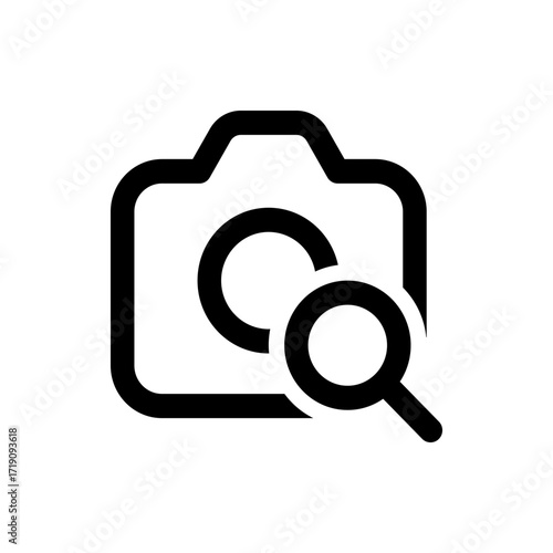 Camera icon with magnifying glass overlay representing photo search and image exploration in simple design