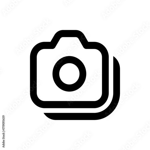 Illustration of a stylized camera icon with rounded edges and a duplicate outline on the lower right side