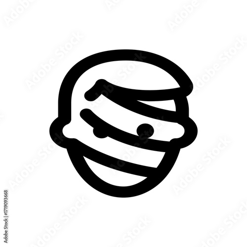 Illustration of a mummy head with visible bandages and hair in a simple black and white design style