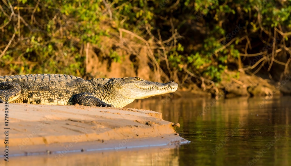 Naklejka premium Crocodile resting on riverbank