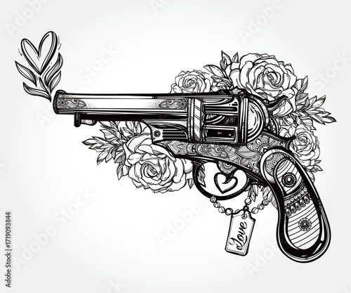 Печать Intricate black and white revolver illustration, adorned with roses, a heart-shaped smoke puff, and a "love" tag, evoking a romantic, edgy mood.
