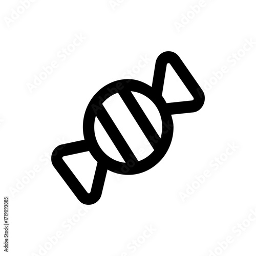 Illustration of a wrapped candy with a round body and twisted ends in a simple black outline style