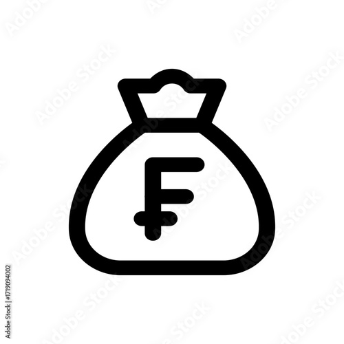 Black outlined money bag icon with the franc symbol representing currency and financial transactions