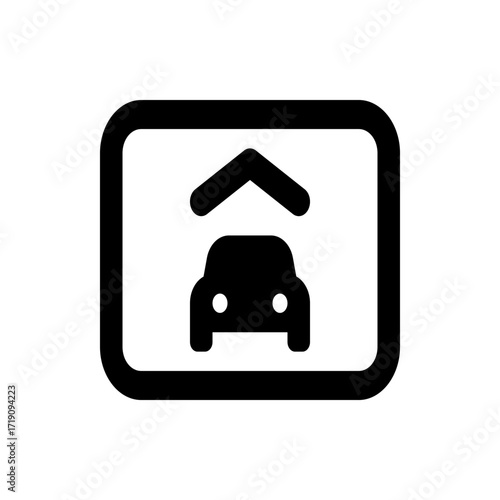 Car parking sign with an arrow indicating overhead clearance inside a rounded rectangle in black and white