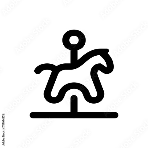 Illustration of a simple black carousel horse toy with a circular top on a stand and base design element