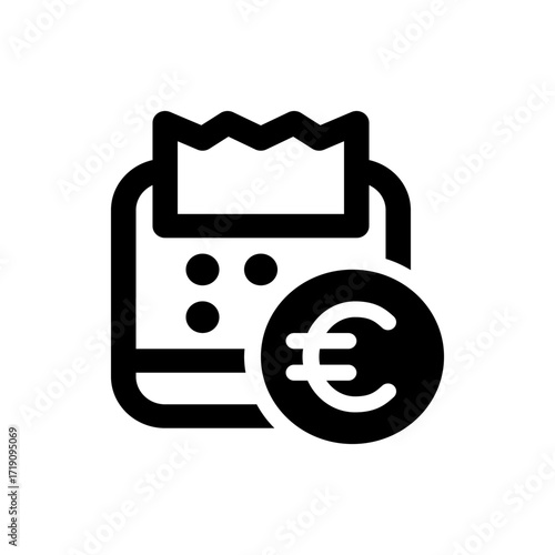 Black and white icon showing a receipt with jagged top edge and euro coin next to it in simple style