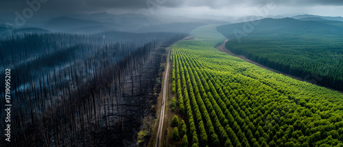 Wildfire Aftermath vs. Reforestation: An Aerial View of Environmental Destruction and Renewal.